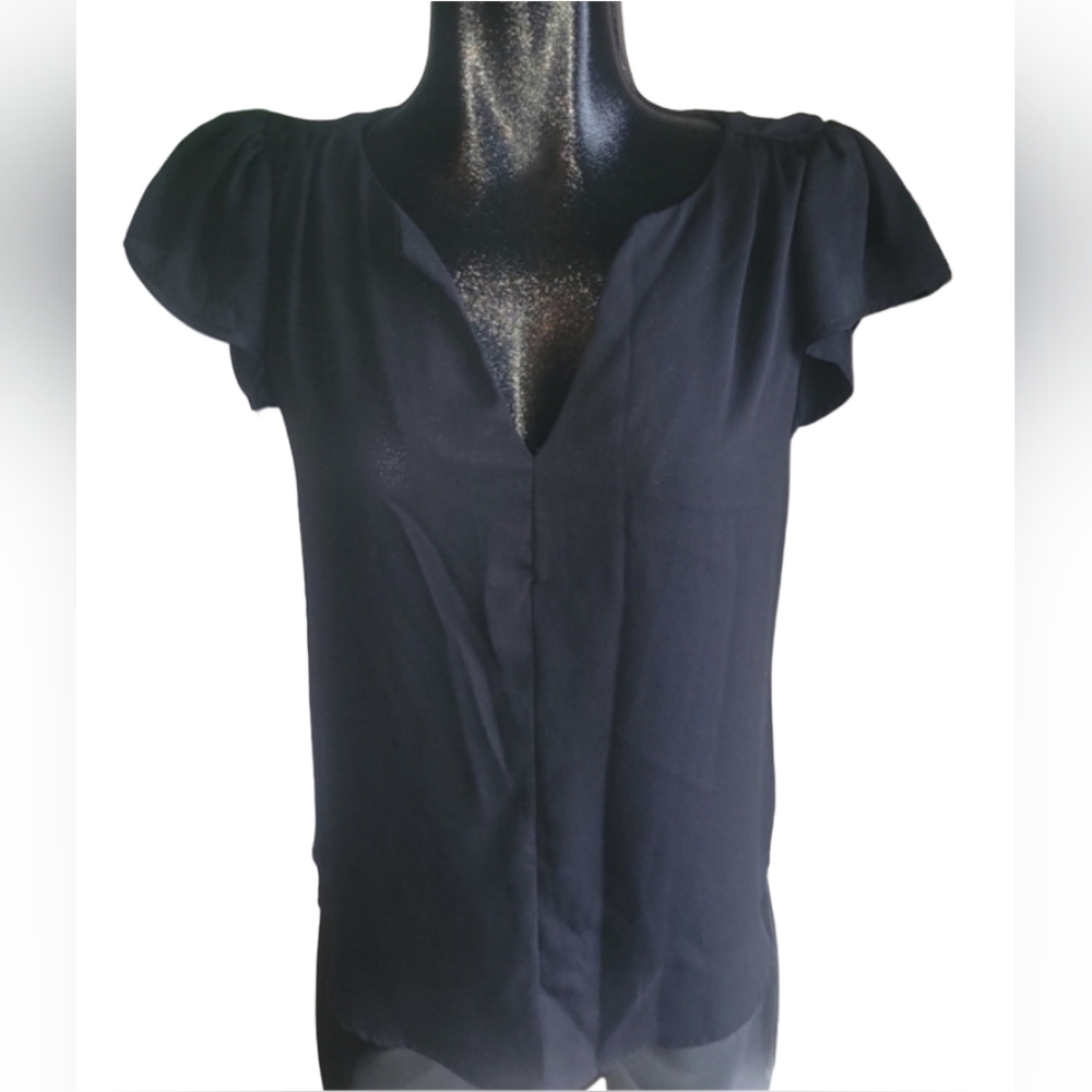 La Scala Black Short Flutter Sleeve Pullover Blouse M